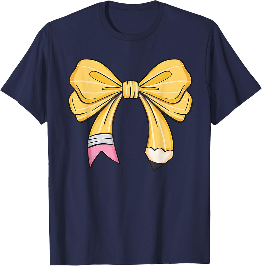 Retro teacher Back to school shirt Coquette Bow Pencil Men Women Kids T-Shirt - Navy Blue