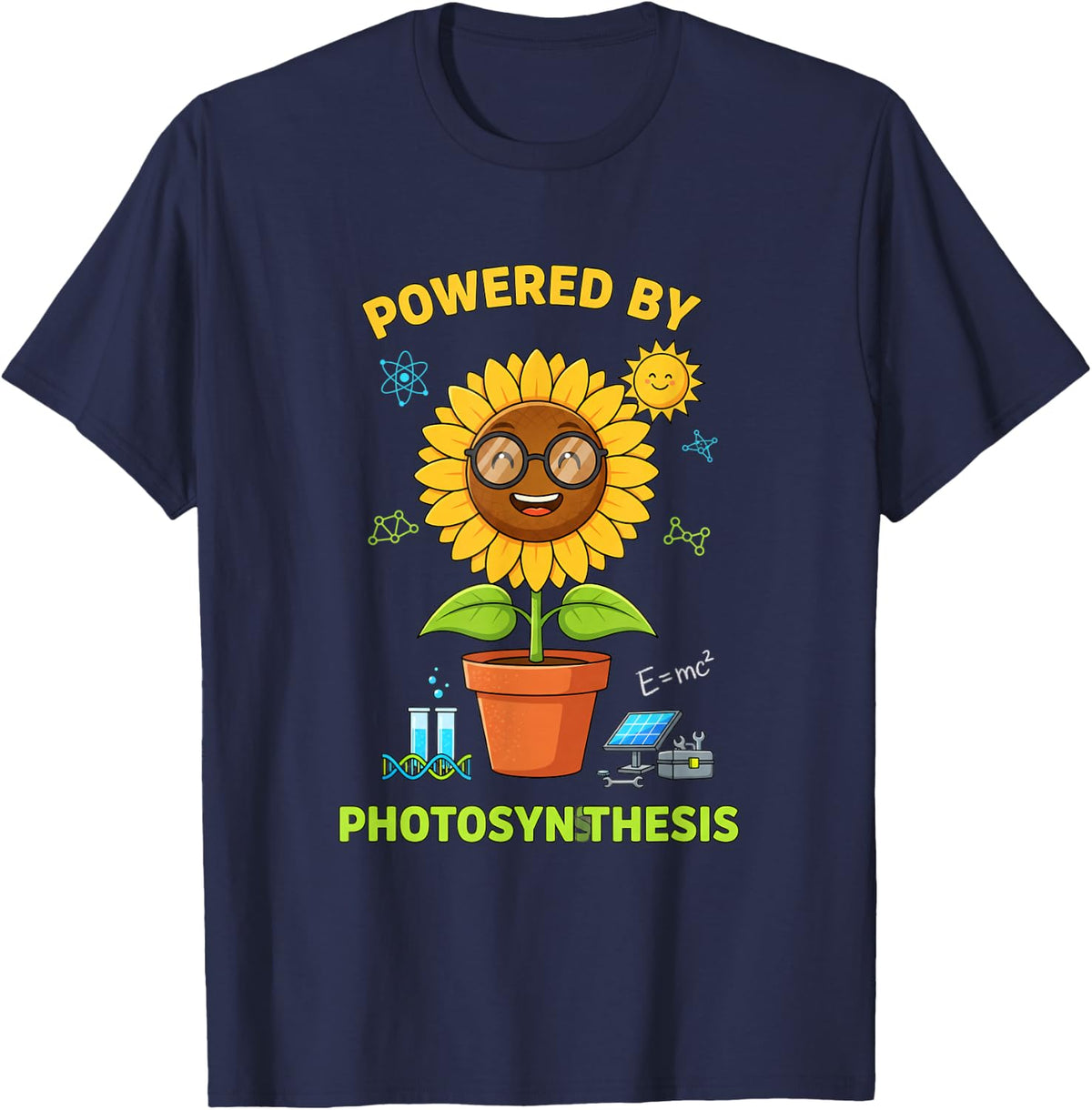 Powered By Photosynthesis Sunflower Stem Science Solar DNA T-Shirt - Navy Blue
