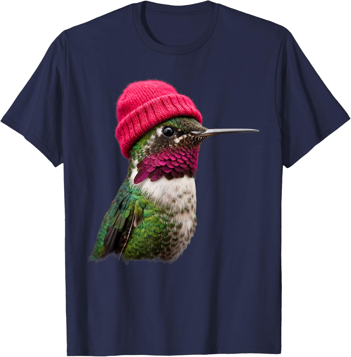 90's Anna's Hummingbird Wearing Beanie Bird Lover Vintage T-Shirt - Navy Blue