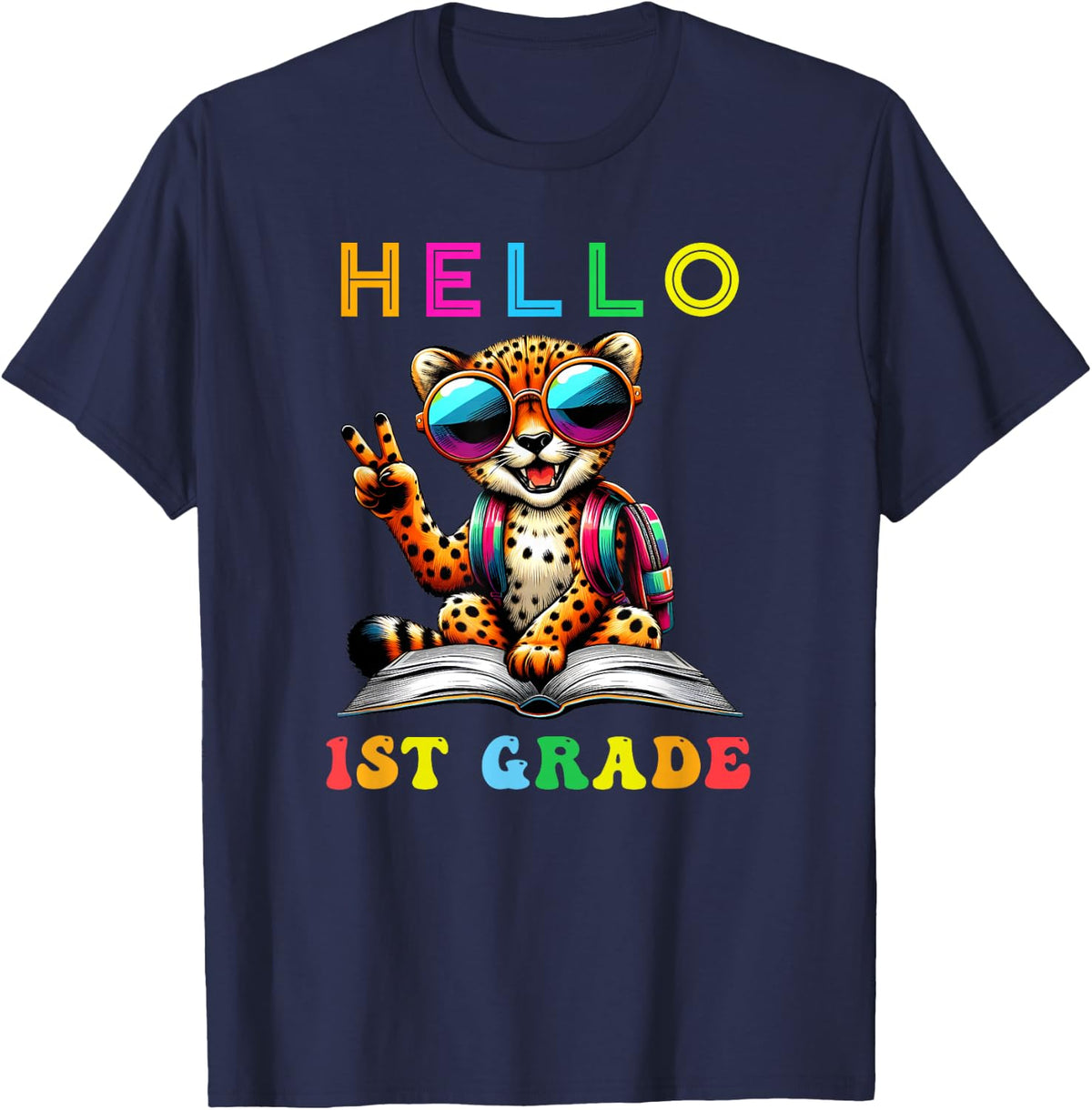 Hello First Grade Cheetah Lover Back to School Kids Teacher T-Shirt - Navy Blue