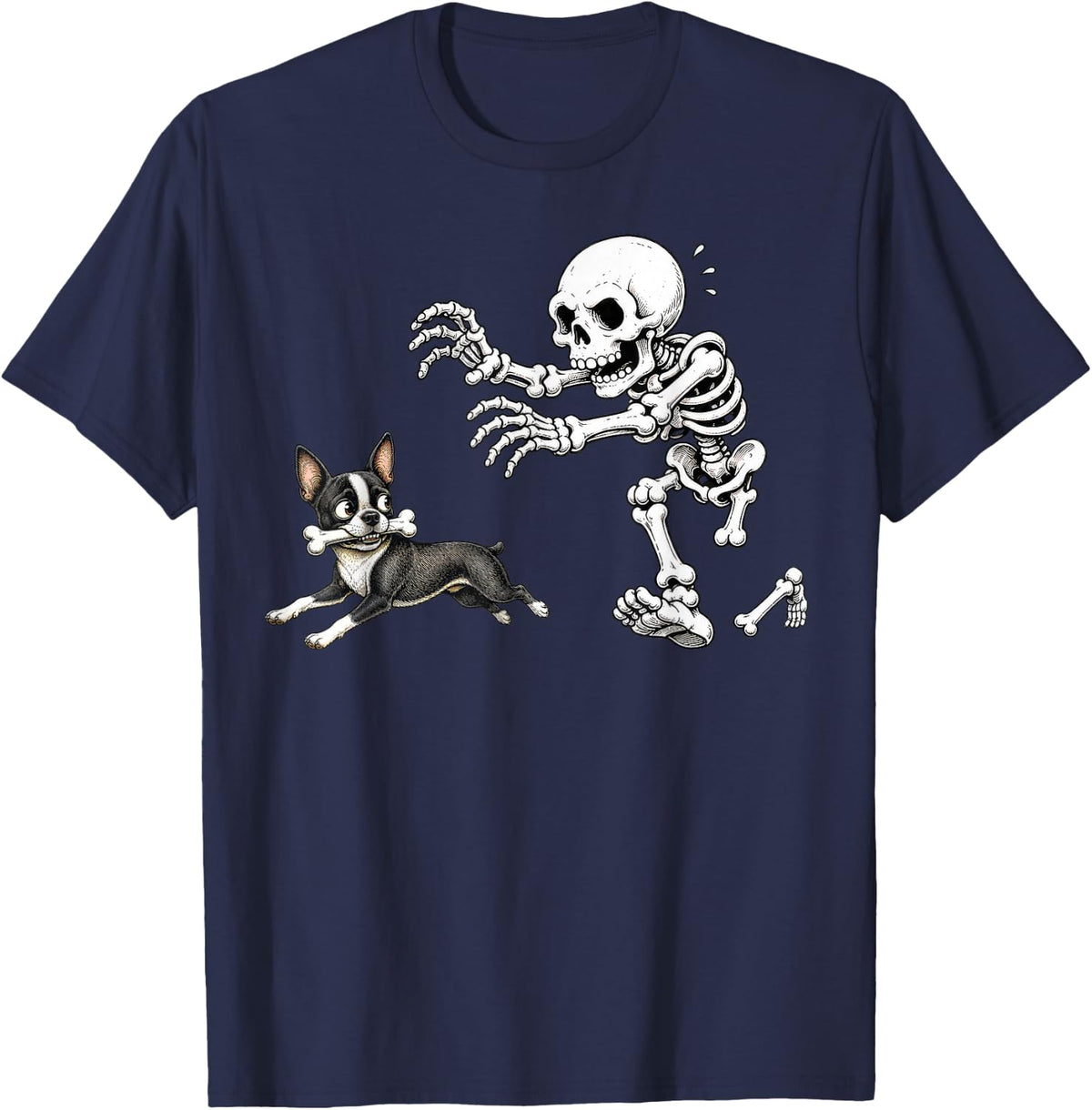 Boston Terrier Skeleton Bone Chase Funny Halloween Humor T-Shirt - Navy Blue