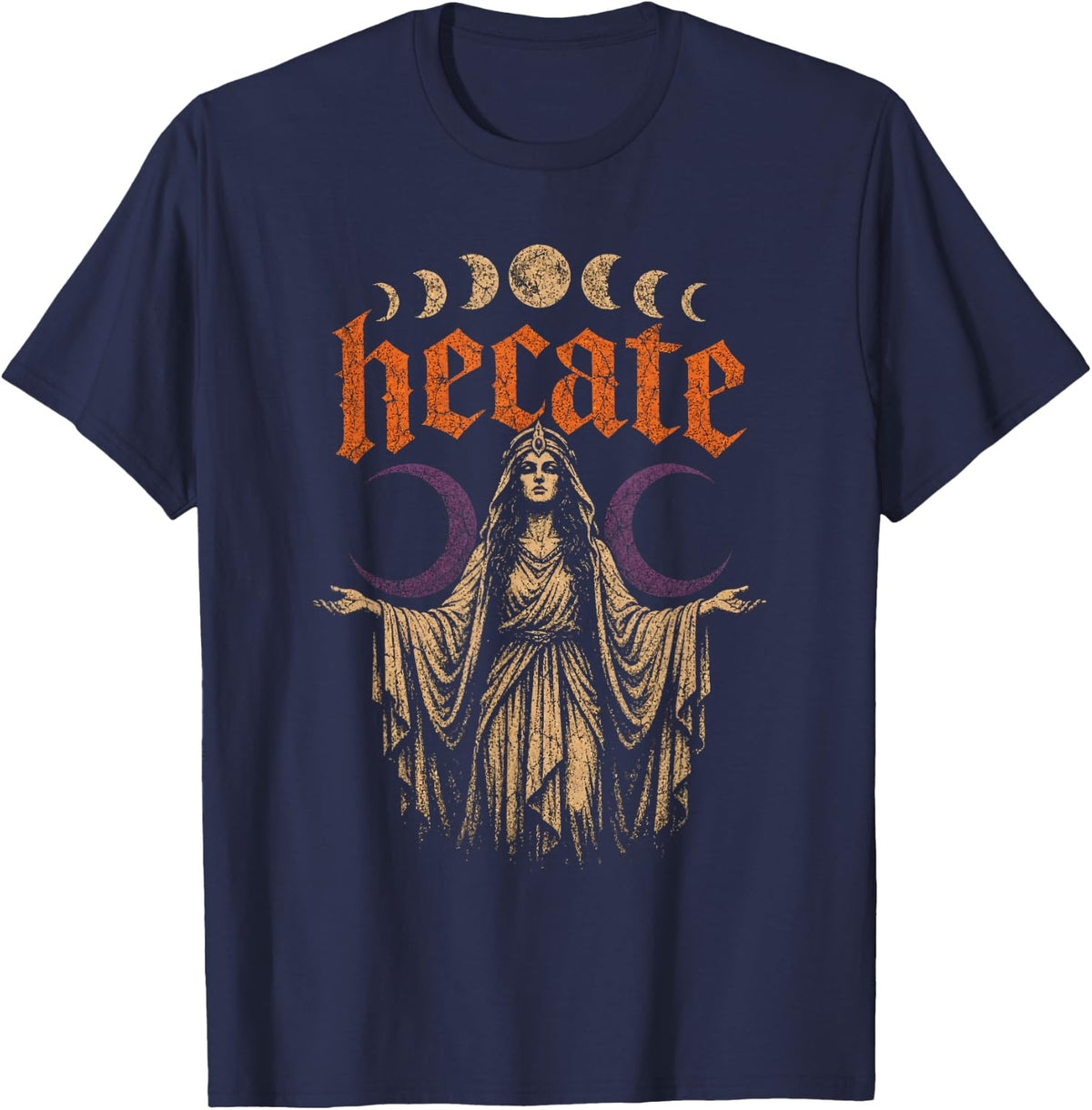 Vintage Halloween Hecate Witch Goddess Moon Phases Occult T-Shirt - Navy Blue
