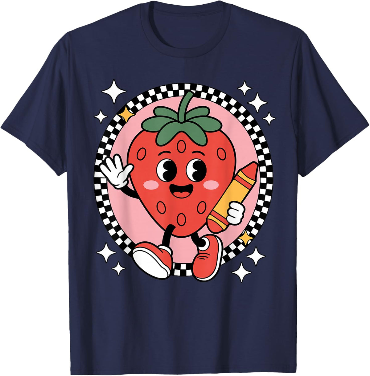 Retro Teacher Checkered Strawberry T-Shirt Tee Vintage Style Teaching Shirt for Women Men - Navy Blue