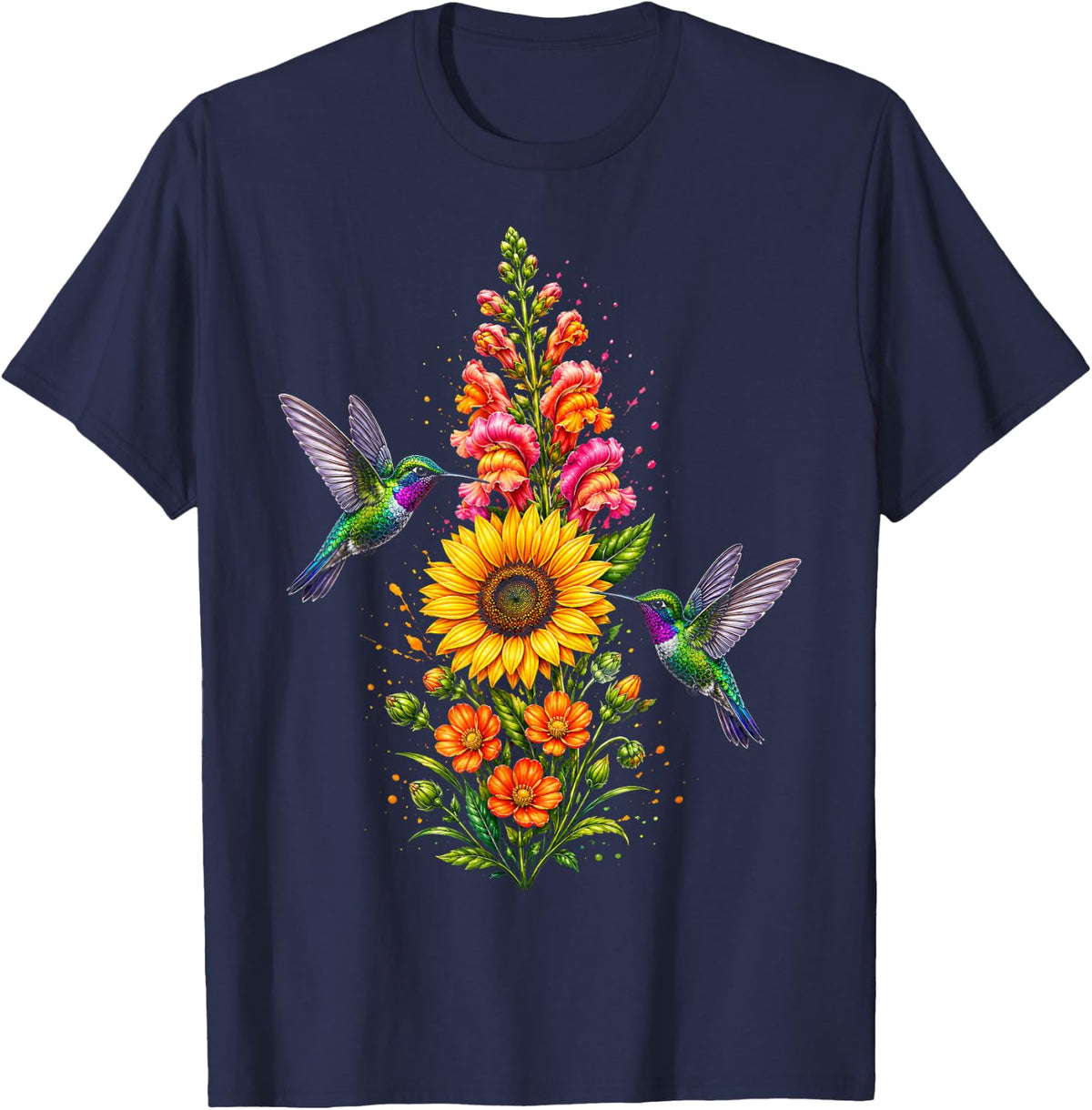 Hummingbird Sunflower Floral Bird Lover T-Shirt - Navy Blue