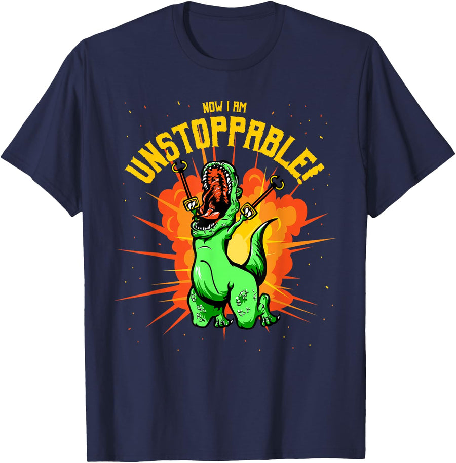 Now I Am Unstoppable T-Rex T-Shirt Funny Dinosaur Claws Tee T-Shirt - Navy Blue