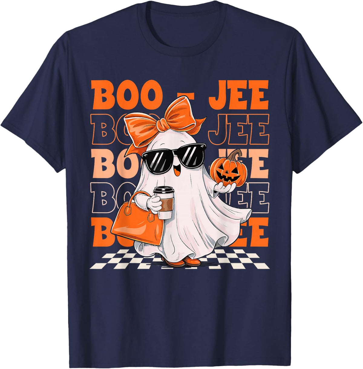 Cute Ghost Boujee Boo-JEE Funny Halloween Spooky Season T-Shirt - Navy Blue