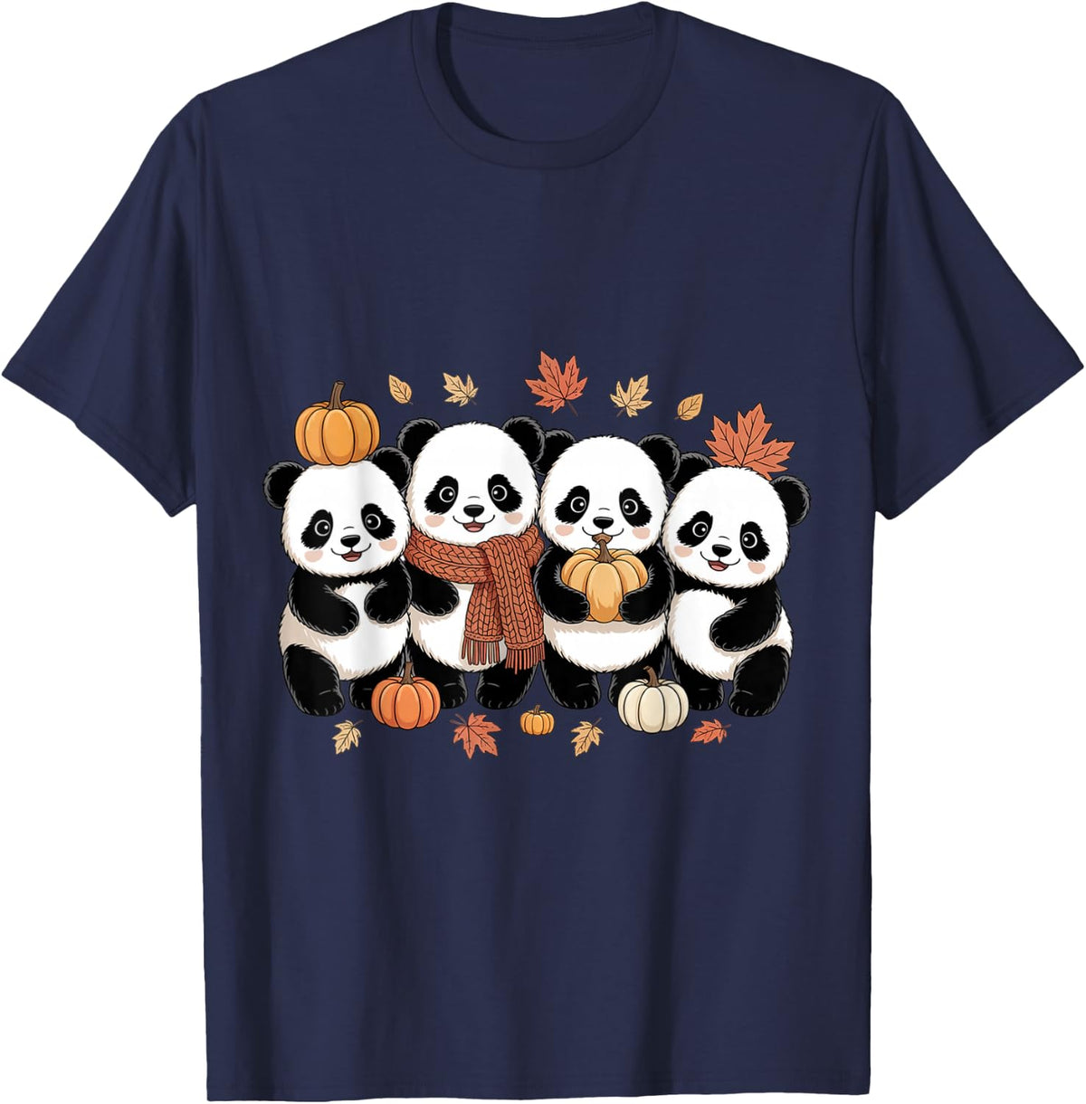 Panda Autumn Pumpkin Fall Thanksgiving Animal Lover T-Shirt - Navy Blue