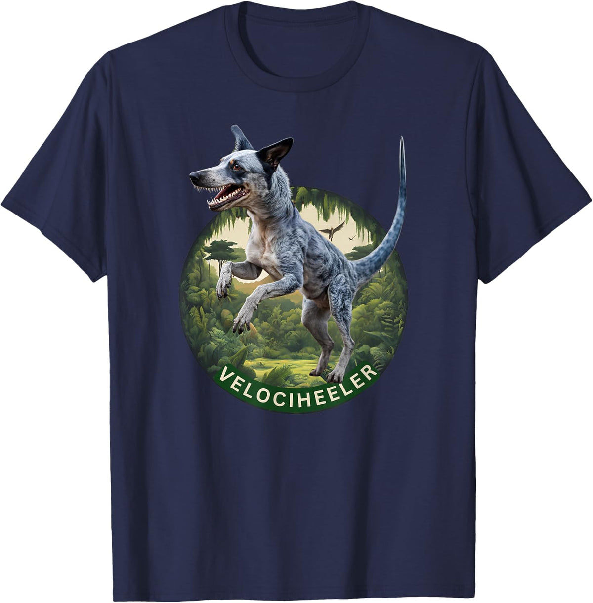 Australian Cattle Dog Velociraptor Tee Blue Heeler Dinosaur T-Shirt - Navy Blue