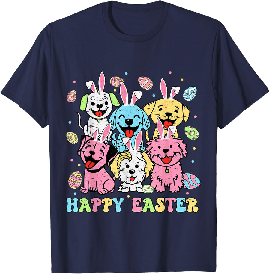 Funny Happy Easter Dog Mom Dad Dog Group Easter Day Kids Tee T-Shirt - Navy Blue