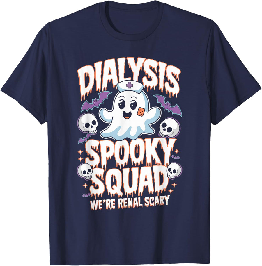 Dialysis Spooky Squad We're Renal Scary Nurse Halloween T-Shirt - Navy Blue