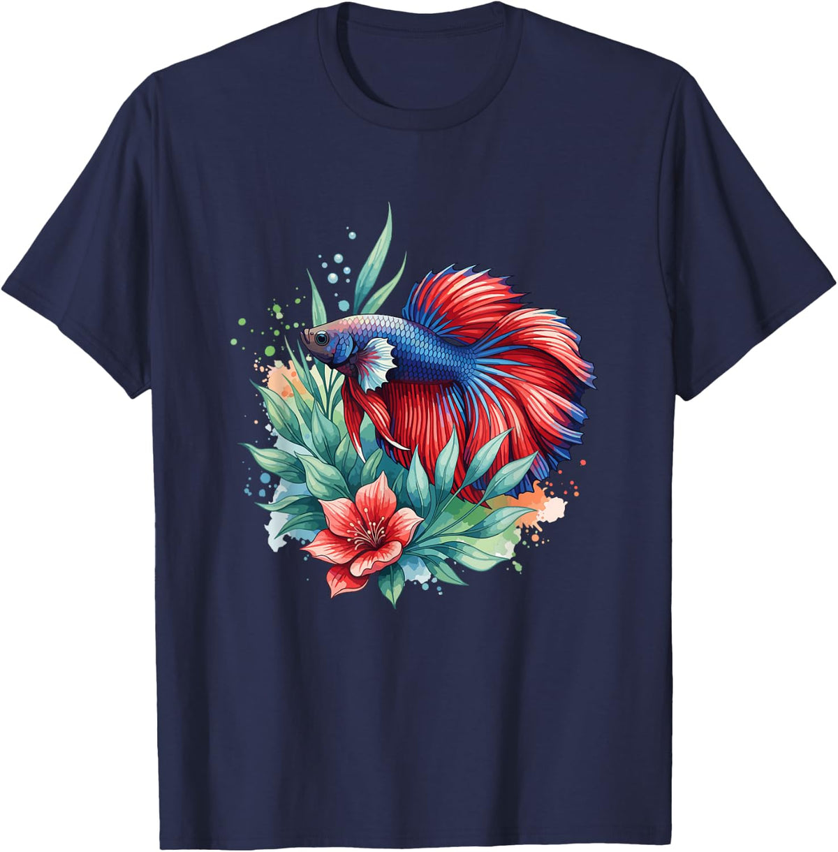 Betta Fish Vibrant Colors Floral Design Tees T Shirts For Men Women Colorful Fish Shirt - Navy Blue
