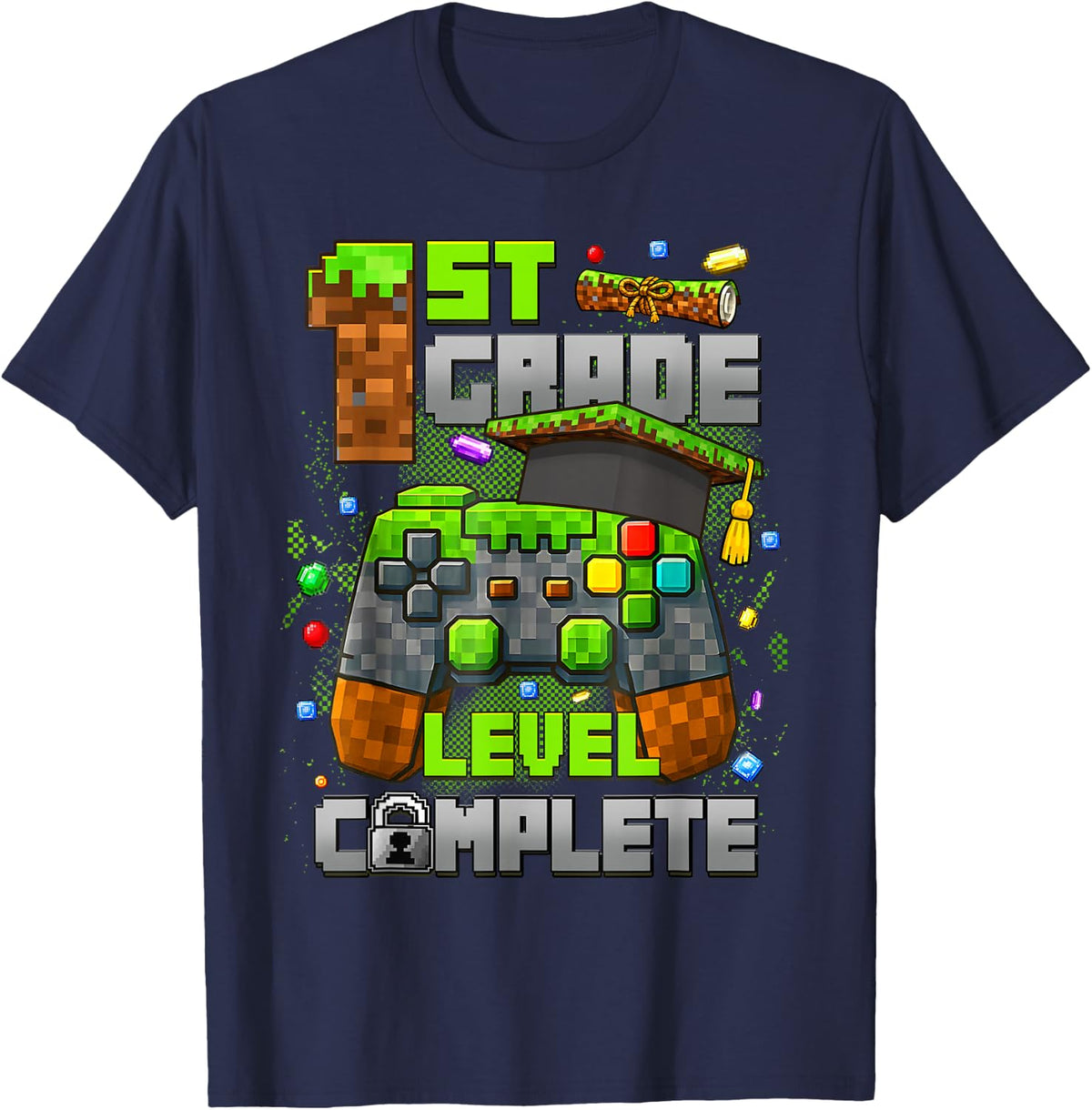 1st Grade Level Completed Last Day of School Video Game Tees T Shirts for Kids Boys Girls - Navy Blue