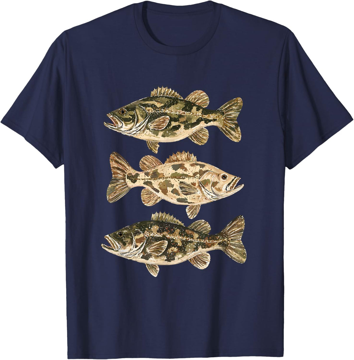Preppy Camo Bass Fishing Summer Lake Life Fisherman Mens T-Shirt - Navy Blue