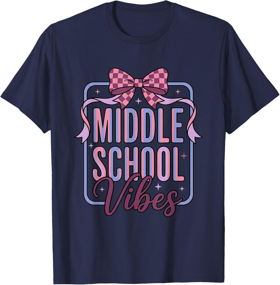 Middle School Vibes Bow Back to Class Girls Student T-Shirt - Navy Blue
