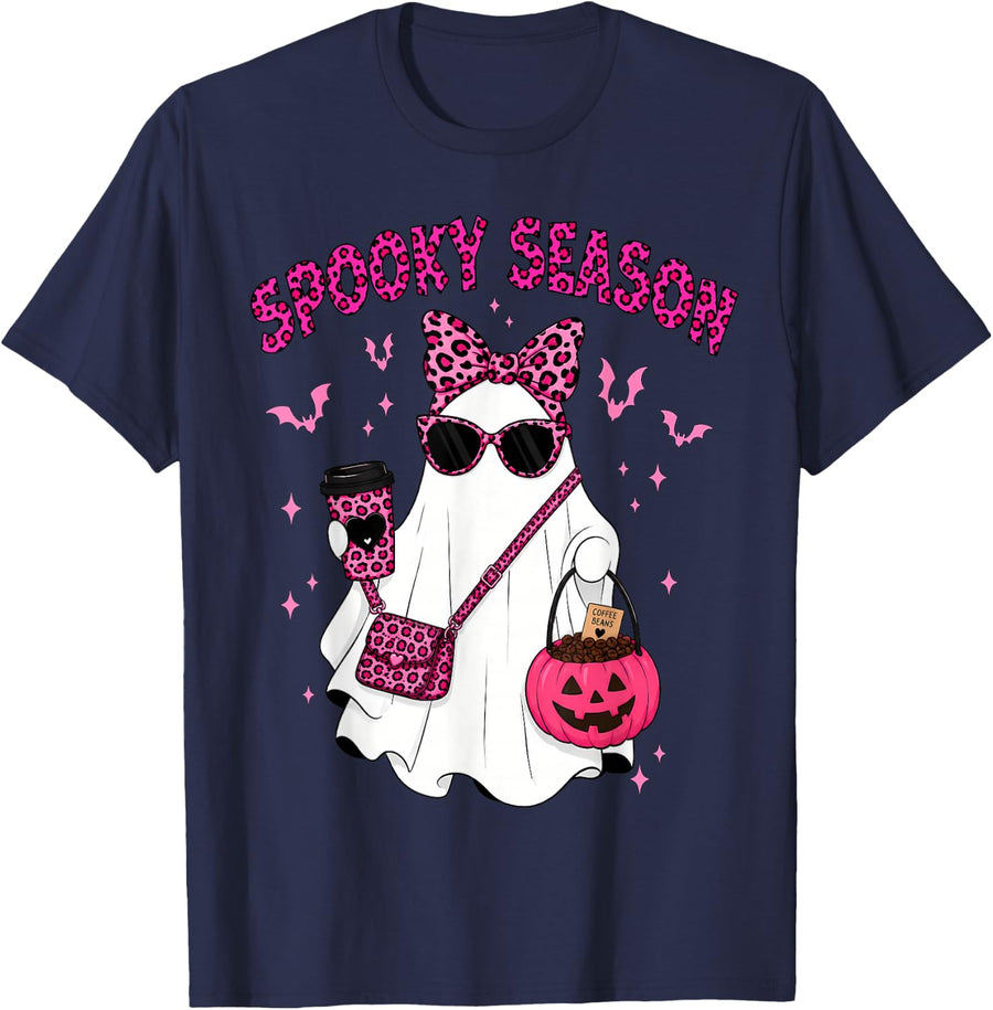 Coquette Leopard Ghost Coffee Spooky Season Halloween Boujee T-Shirt - Navy Blue