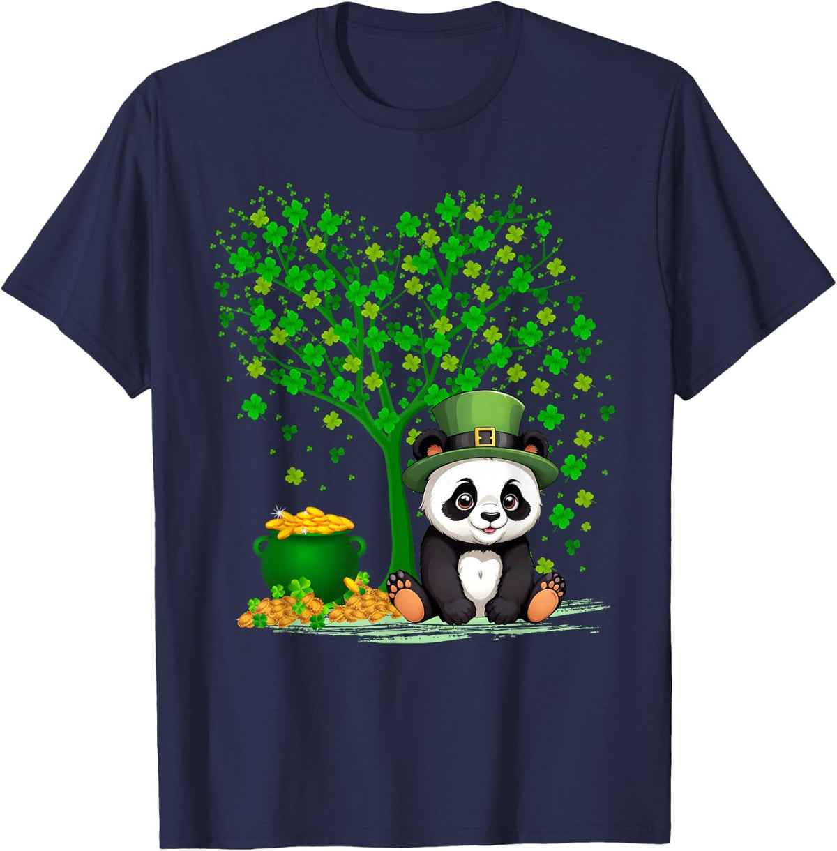 Shamrock Tree Leprechaun Hat Panda St Patrick's Day T-Shirt - Navy Blue