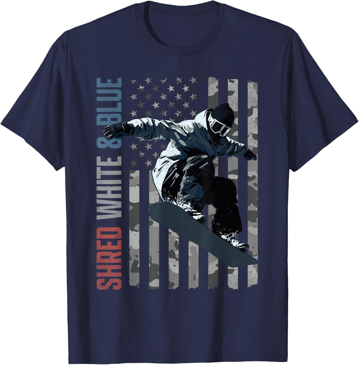 Snowboarding Shred American Flag T-Shirt - Navy Blue