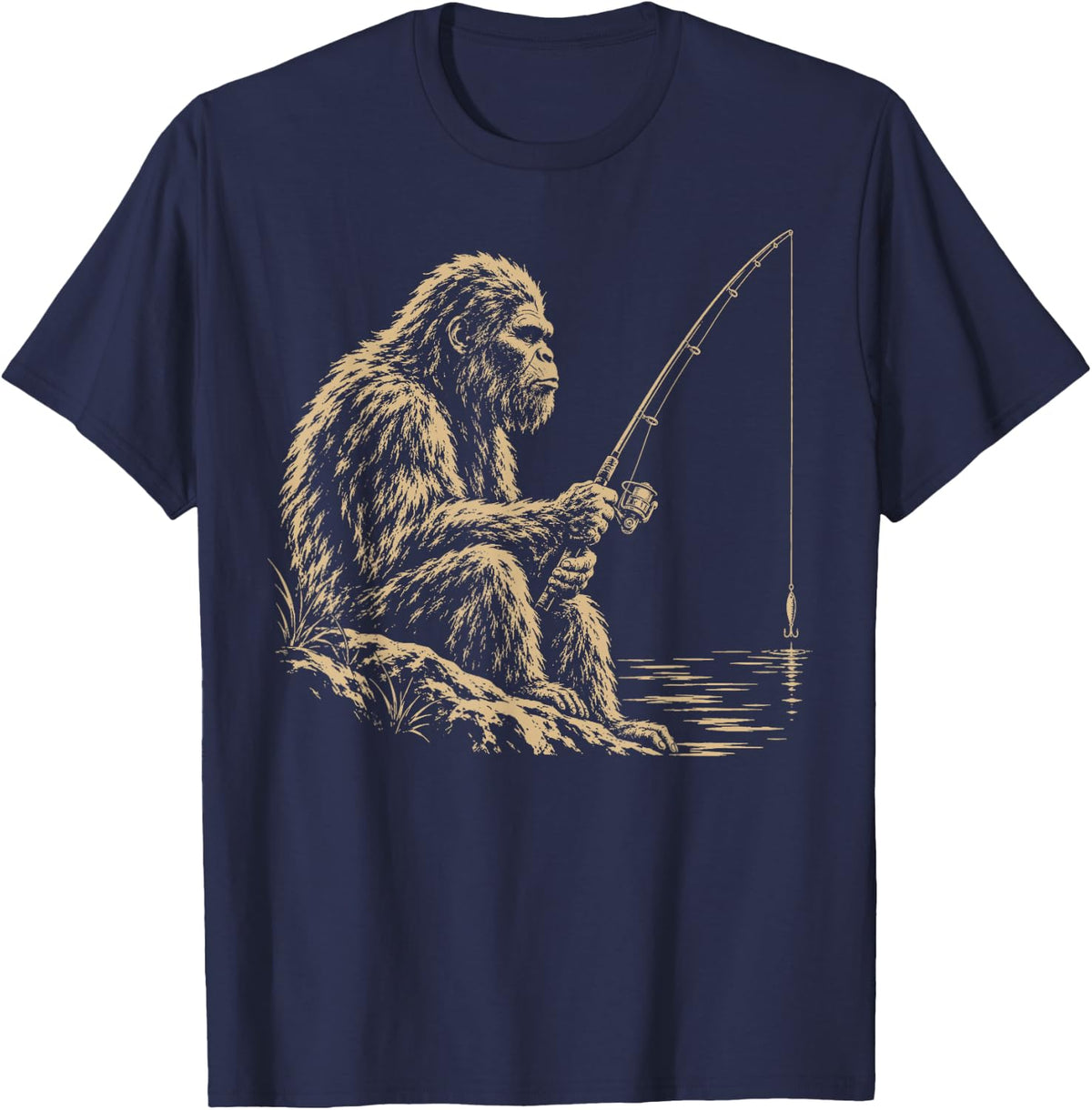 Bigfoot Fishing with Rod Funny Fisherman Angler Sasquatch T-Shirt - Navy Blue