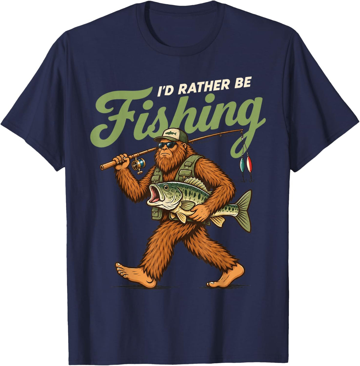 I'd Rather Be Fishing Bigfoot Fisherman Funny Angler Fish T-Shirt - Navy Blue