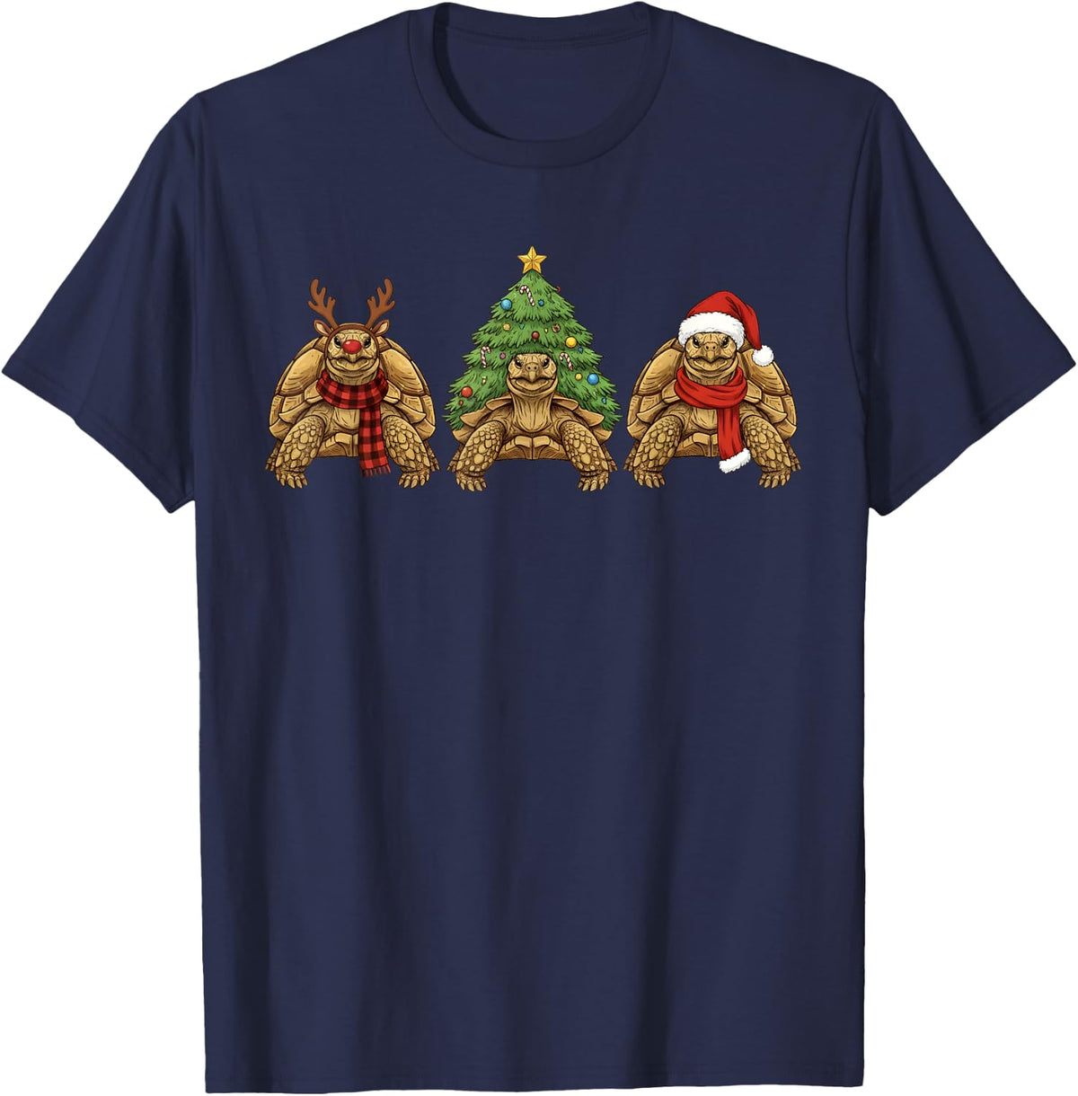 Retro Christmas Sulcata Tortoise Santa Reindeer T-Shirt - Navy Blue