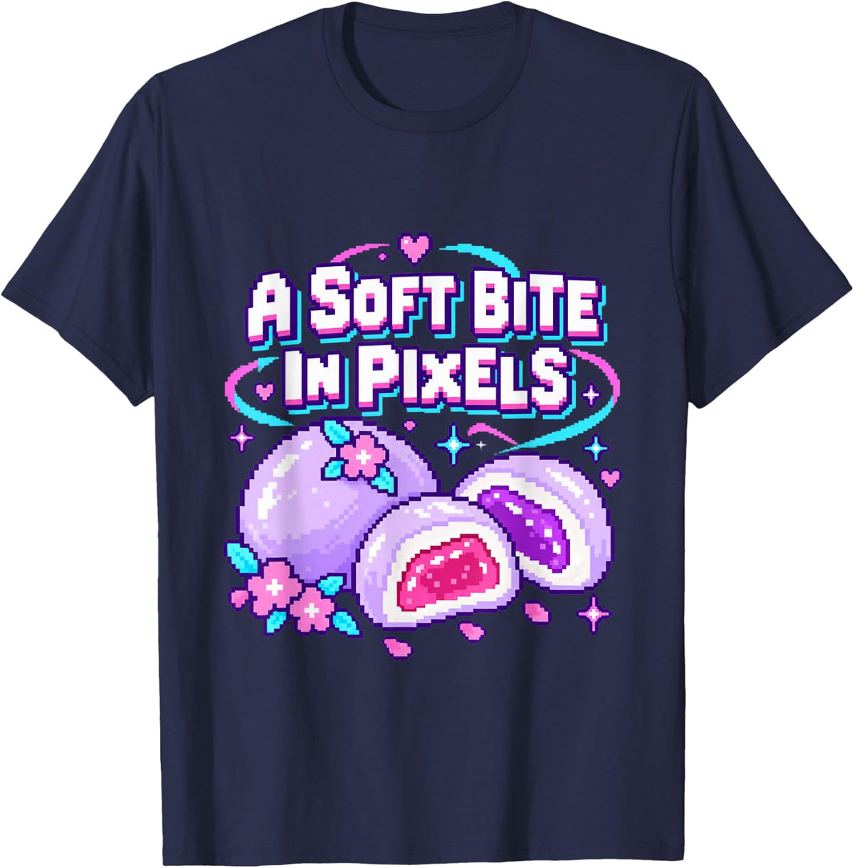 Kawaii Pixel Mochi Sweets with Orbiting Hearts T-Shirt - Navy Blue