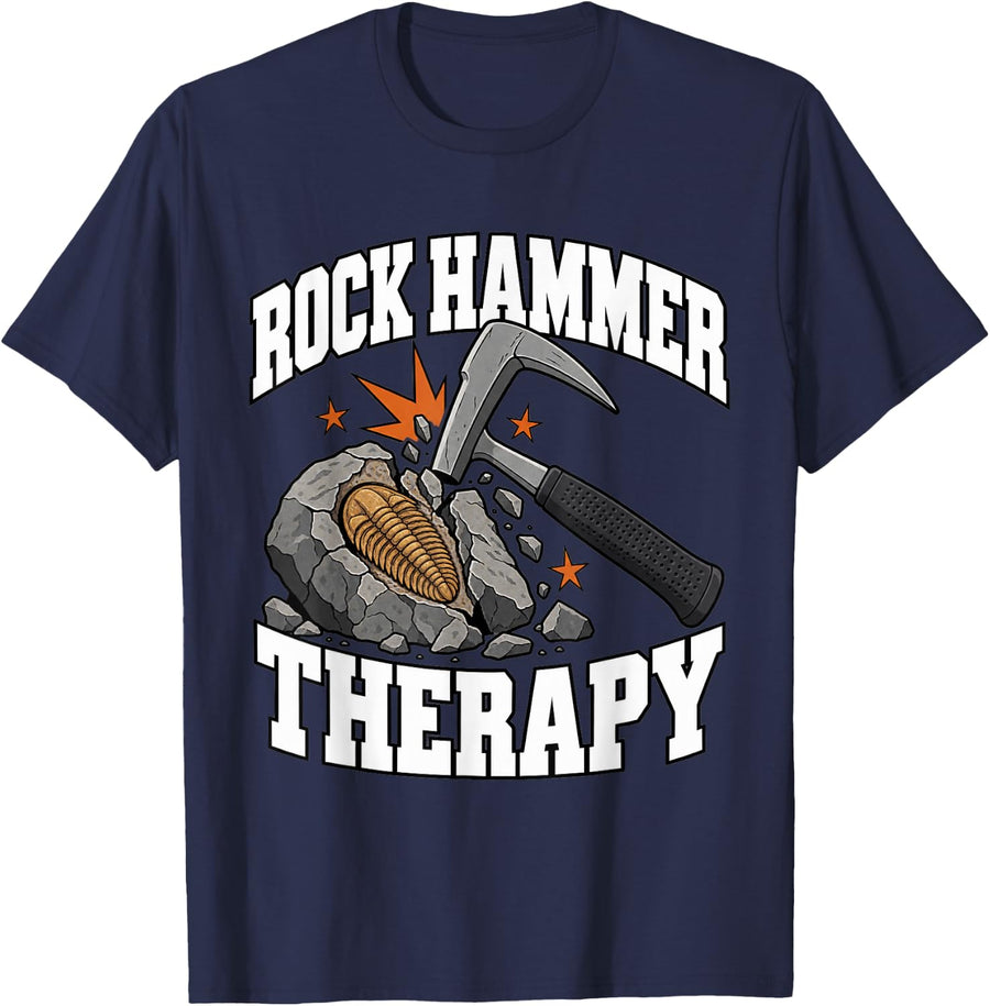 Paleontology Rock Hammer Therapy Trilobite Nerd Humor T-Shirt - Navy Blue