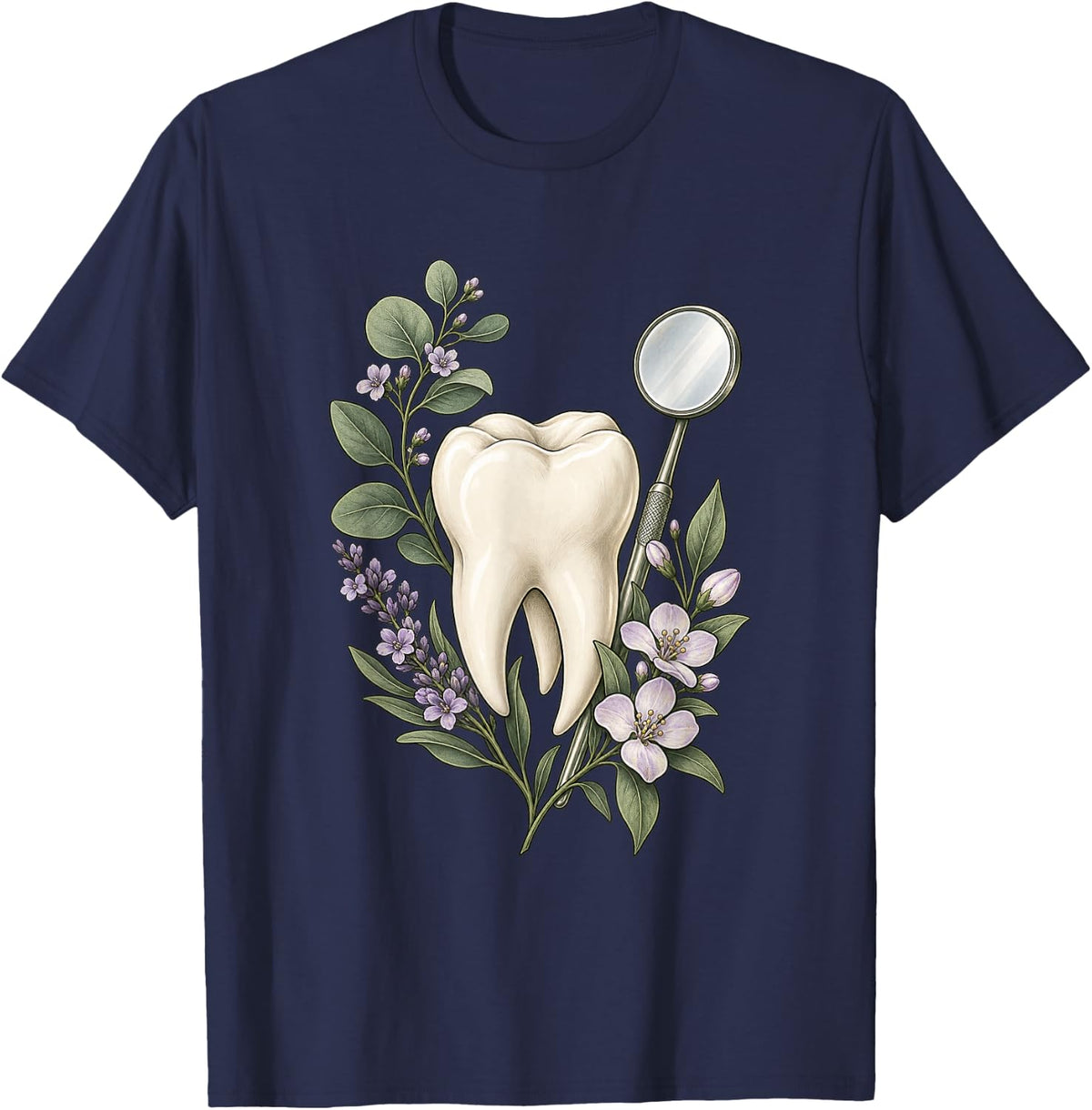 Dental Hygiene Floral Tooth and Mirror T-Shirt - Navy Blue