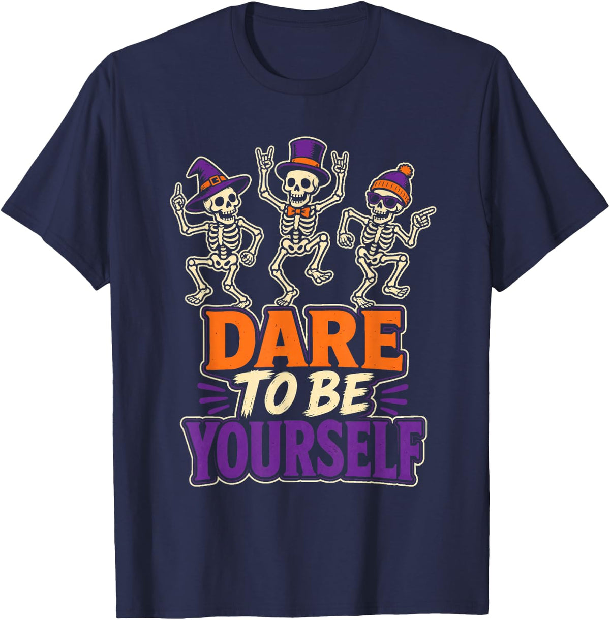 Halloween Dancing Skeletons Dare to Be Yourself Witch Hat T-Shirt - Navy Blue
