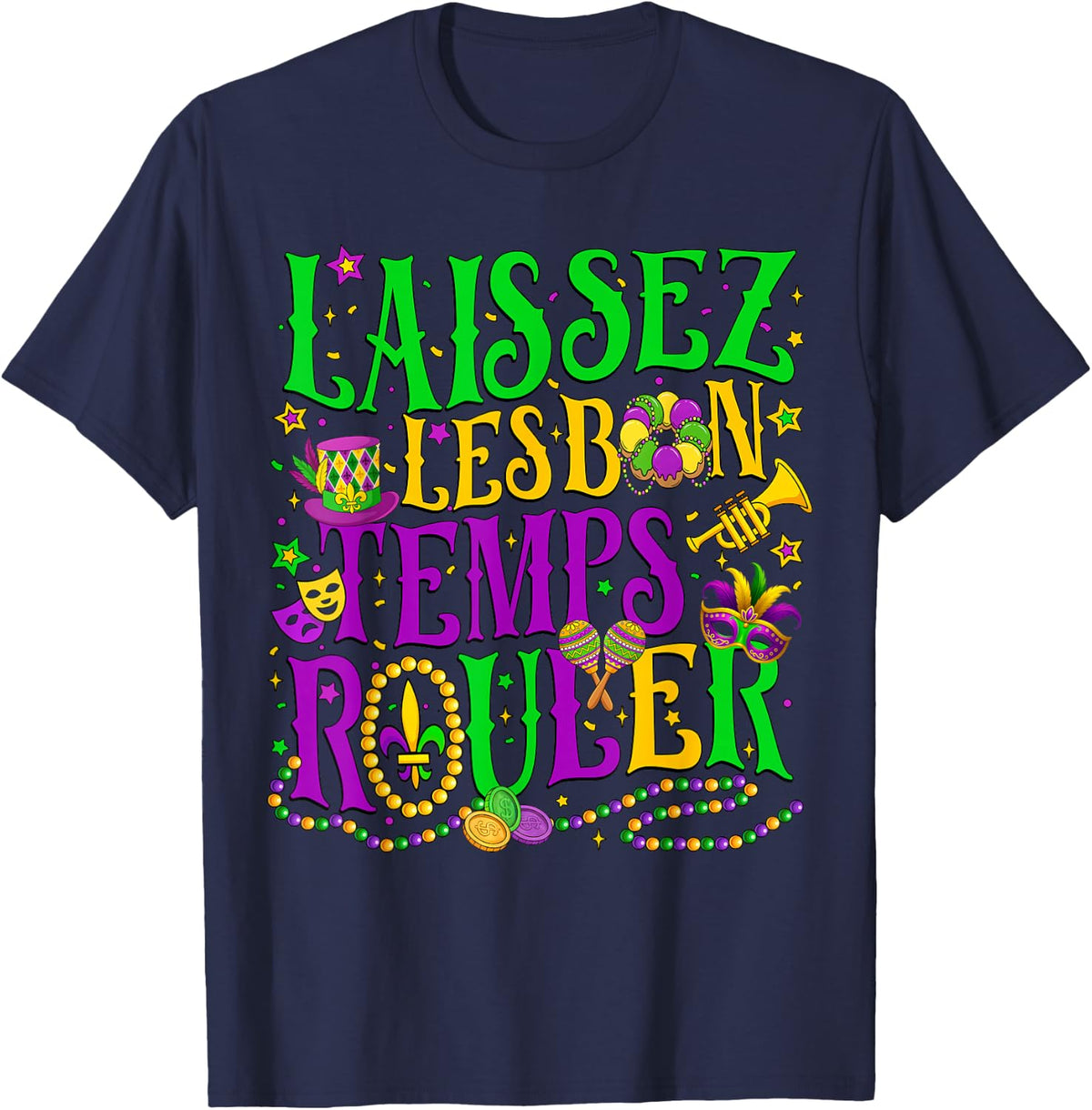 Laissez Les Bon Temps Rouler Mardi Gras Beads Men Women Kids T-Shirt - Navy Blue