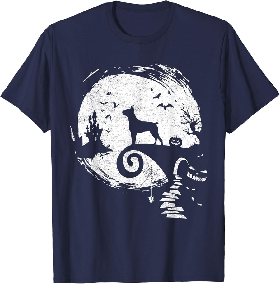 Retro Dog Moon Boxer Halloween Costume Funny Spooky Season T-Shirt - Navy Blue