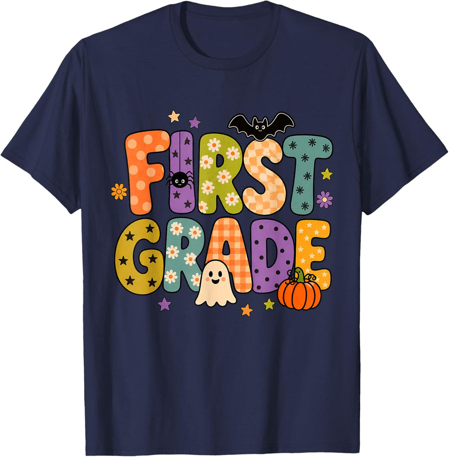First Grade Funny Halloween Patchwork Teacher Kids 1st Grade T-Shirt - Navy Blue