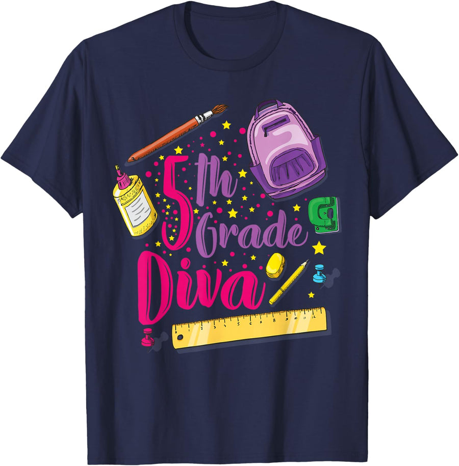 5th Grade Diva Shirt First Day of School Girl Clothes Gift T-Shirt - Navy Blue