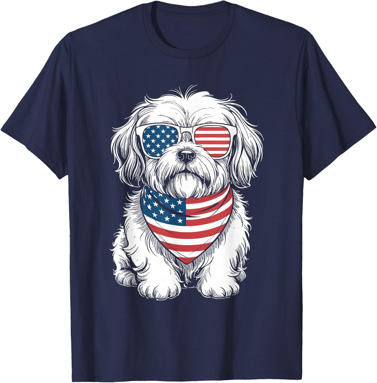 Lhasa Apso Dog USA Flag Sunglasses Patriotic 4th of July T-Shirt - Navy Blue