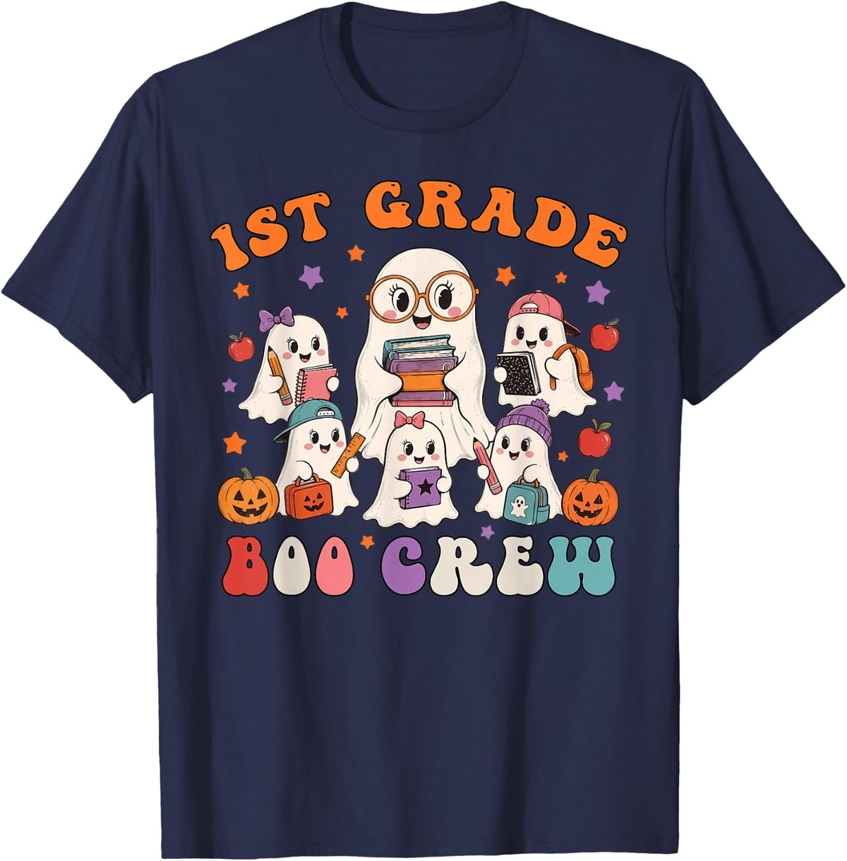 1st Grade Boo Crew Spooky First Grade Halloween Teacher T-Shirt - Navy Blue