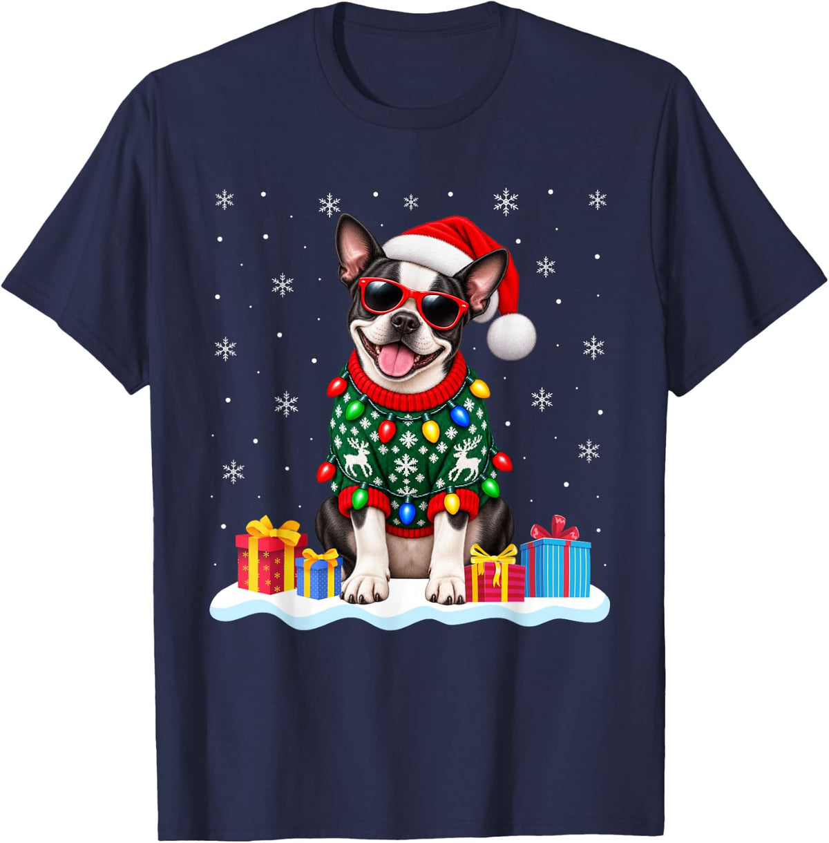 Boston Terrier Christmas Sweater Santa Hat Xmas Pet Dog T-Shirt - Navy Blue