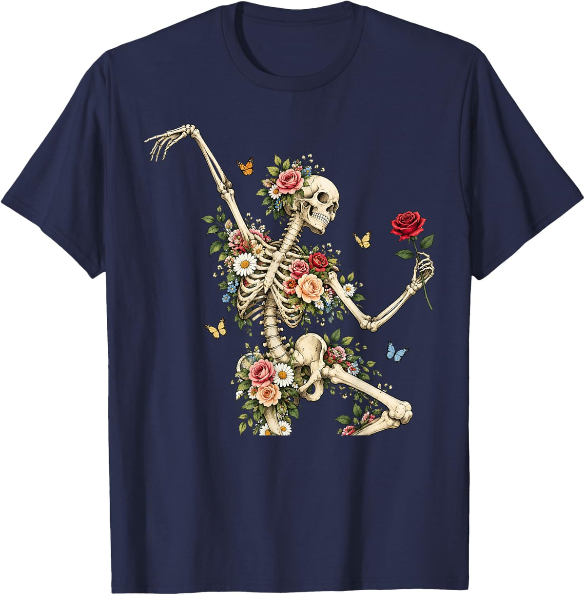 Dancing Skeleton Roses Goth Floral Halloween Dark Nature T-Shirt - Navy Blue