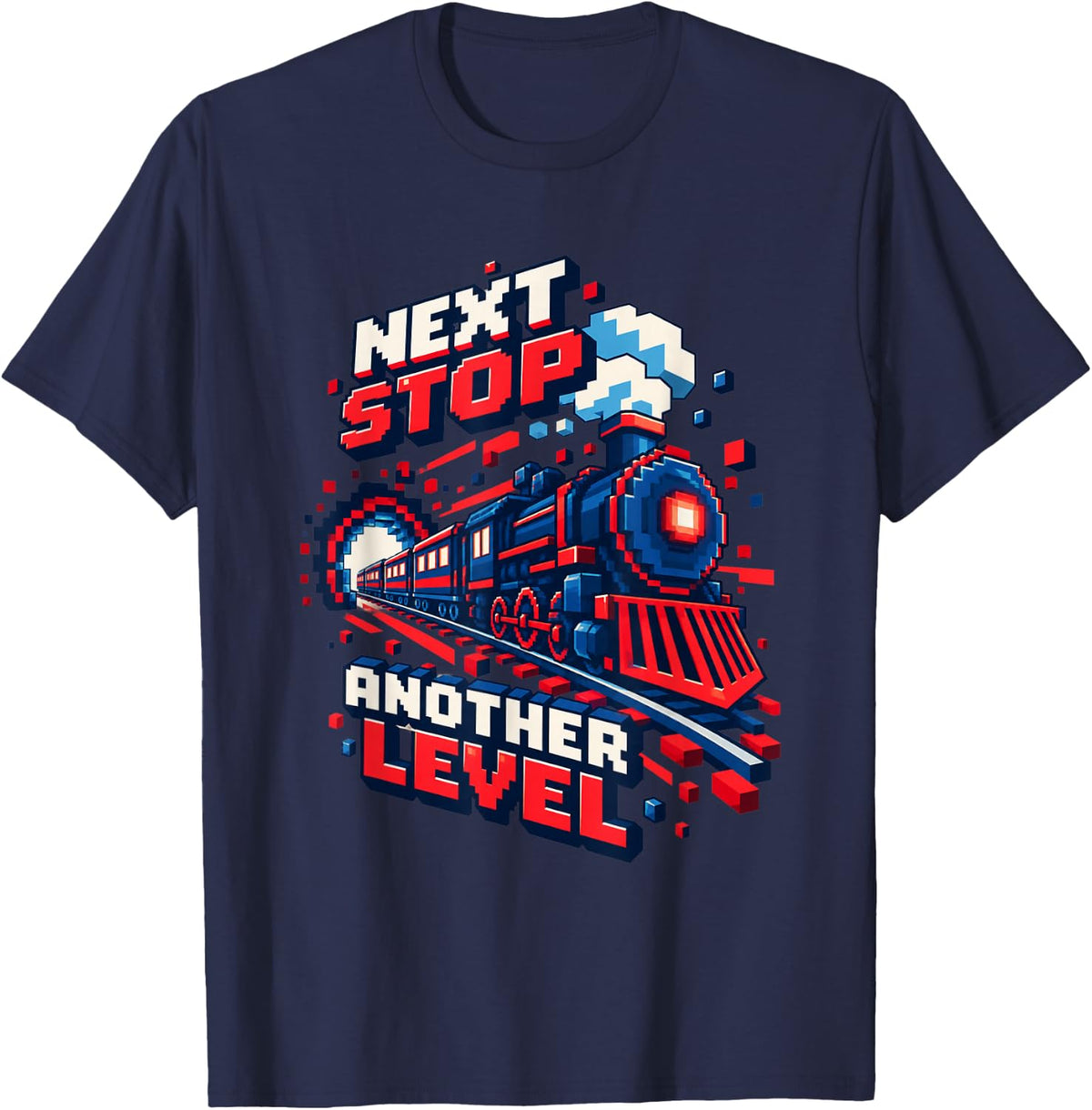 Pixel Steam Train Bursting from a Tunnel T-Shirt - Navy Blue