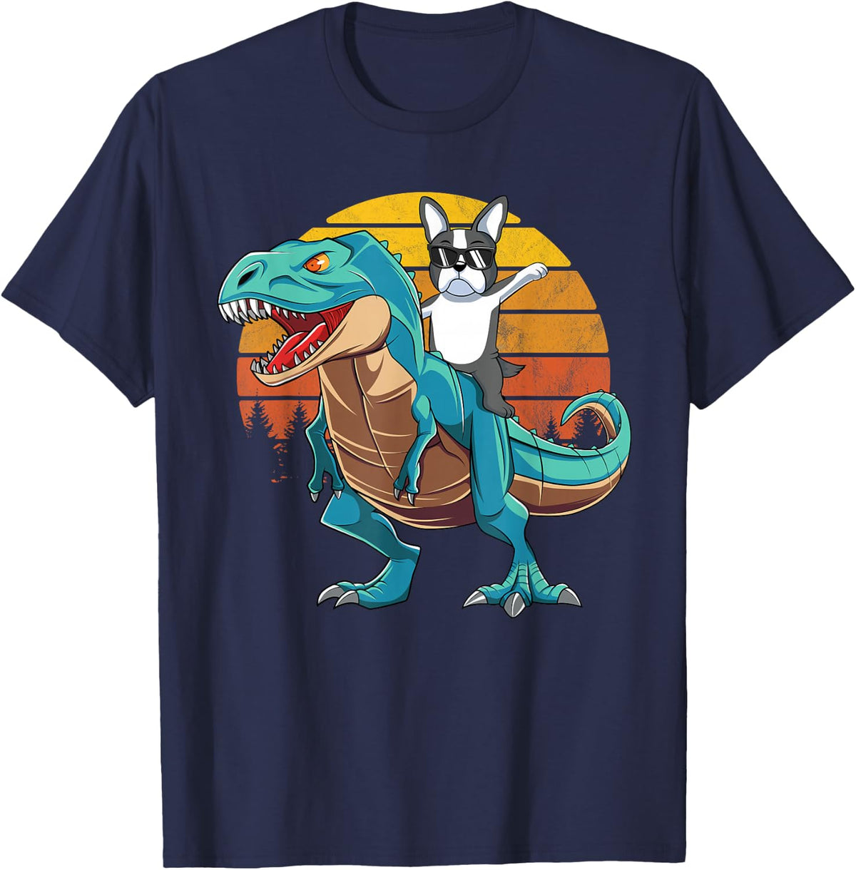 Boston Terrier Dog Riding Dinosaur T Rex Boys T-Shirt - Navy Blue