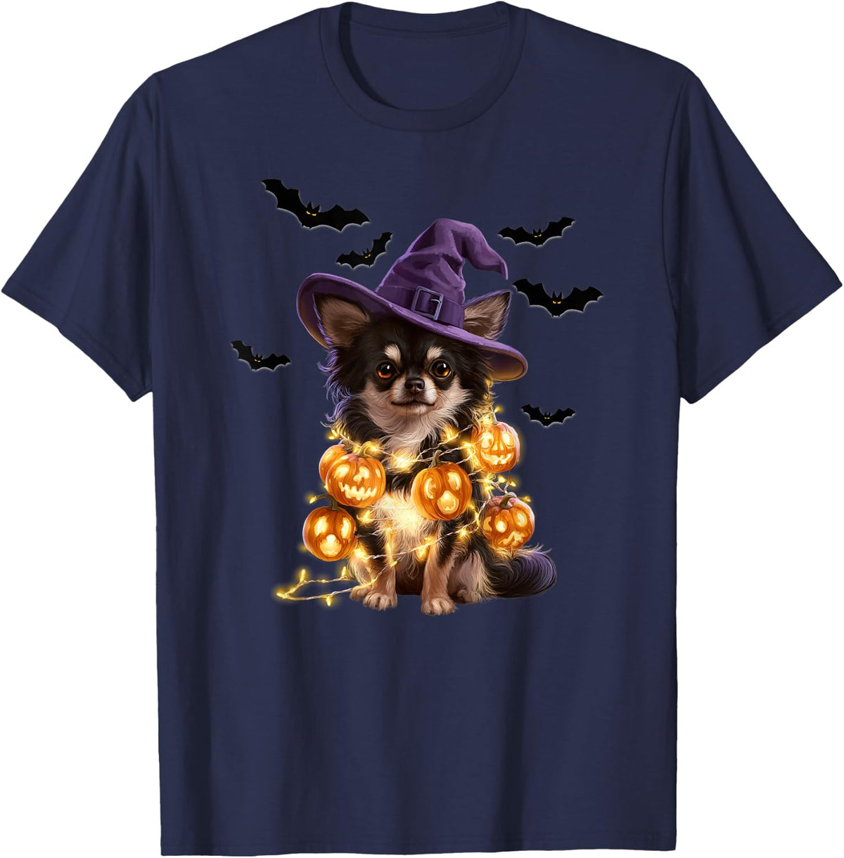 Cute Chihuahua Glowing Pumpkin Light Funny Dog Halloween T-Shirt - Navy Blue