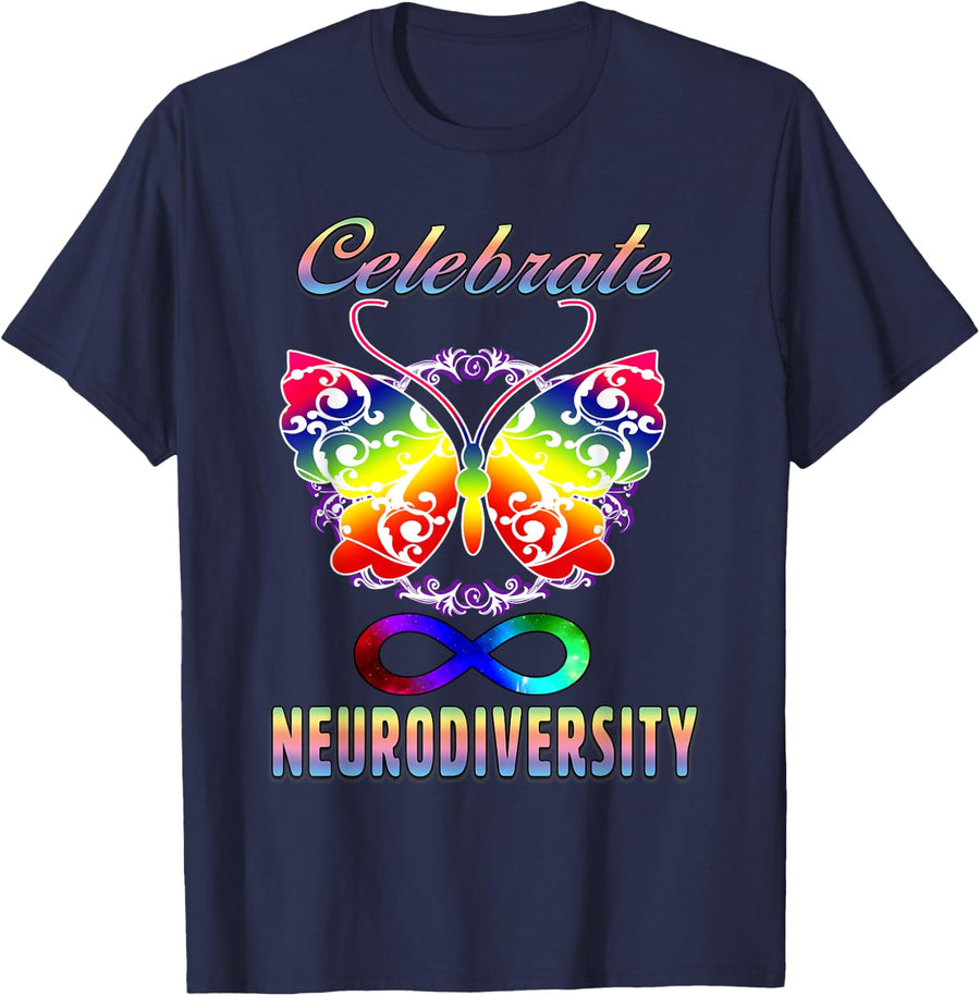 Celebrate Neurodiversity Autism ADHD Awareness Butterfly T-Shirt - Navy Blue