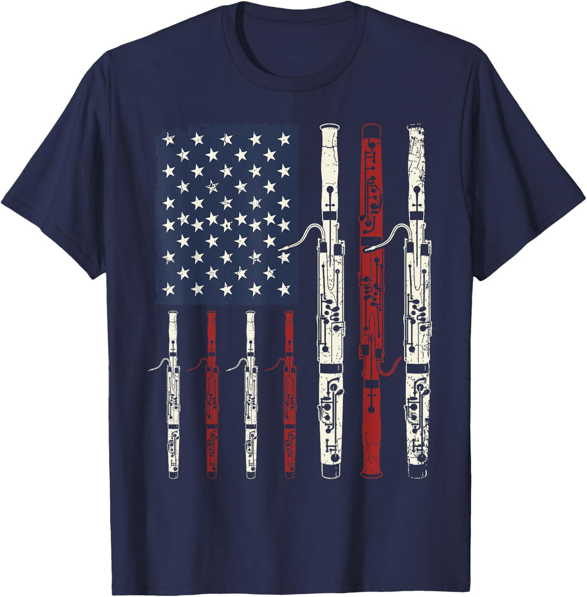 American Flag Bassoon Patriotic Bassoonist Musician T-Shirt - Navy Blue