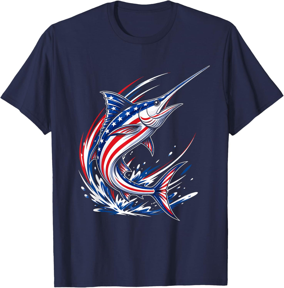 Patriotic Swordfish 4th of July American Flag Marlin Fishing T-Shirt - Navy Blue