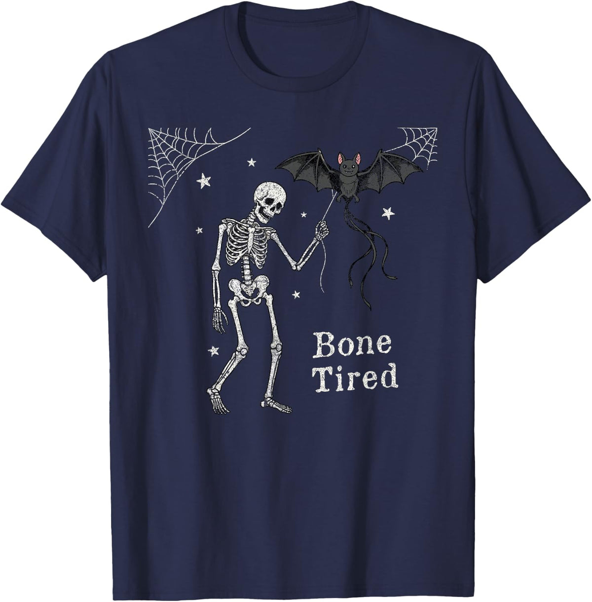 Bone Tired Skeleton Funny Halloween Spooky Season T-Shirt - Navy Blue