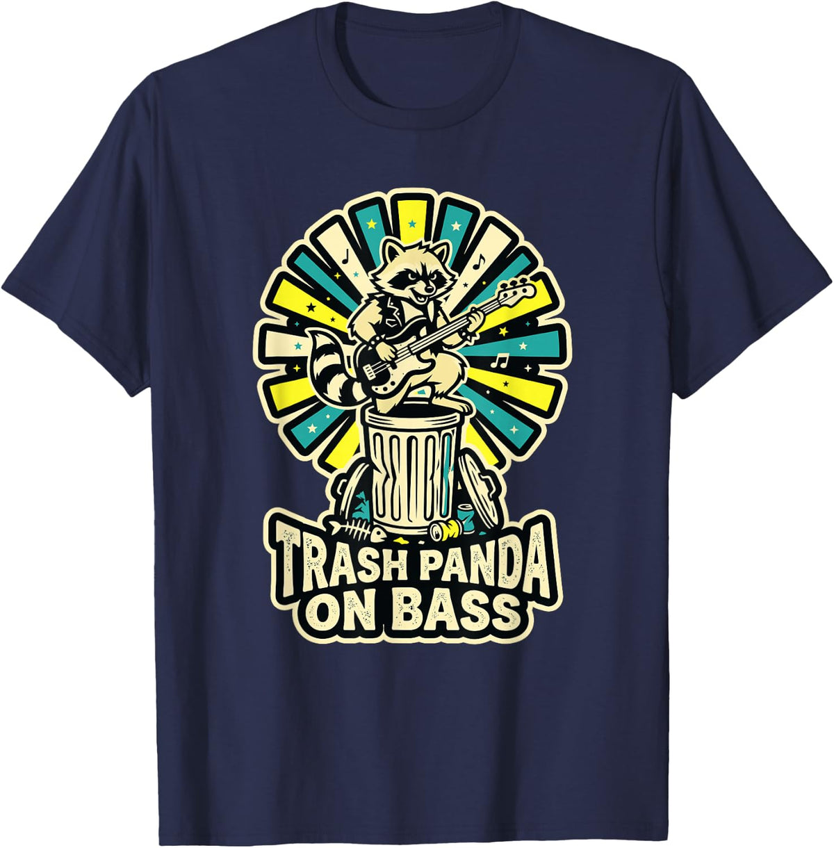 Trash Panda On Bass Musician Bassist Guitar Raccoon Playing T-Shirt - Navy Blue