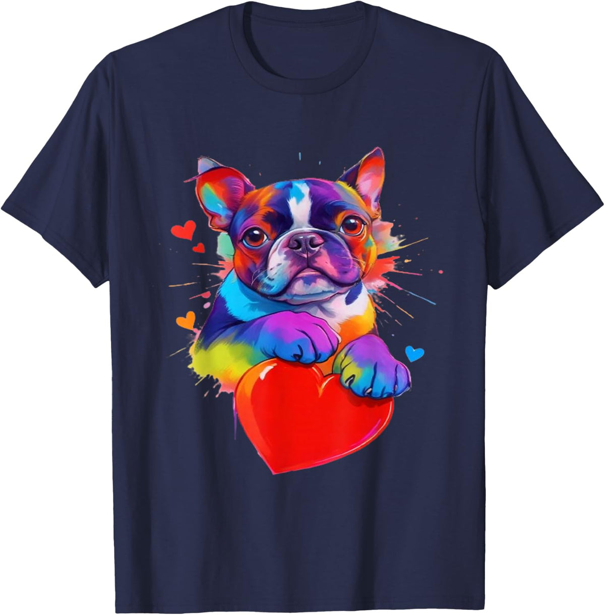 Boston Terrier Shirt - Colorful Boston Terrier Heart Graphic T-Shirt - Navy Blue
