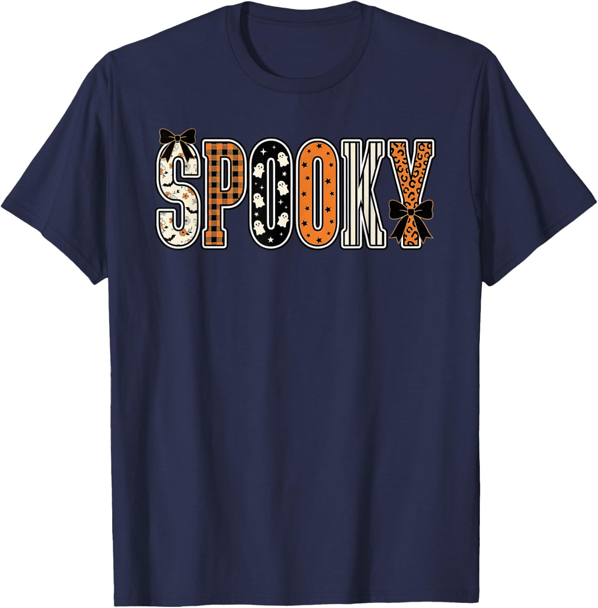Cute Spooky Halloween Ghost Leopard Pattern Bows T-Shirt - Navy Blue