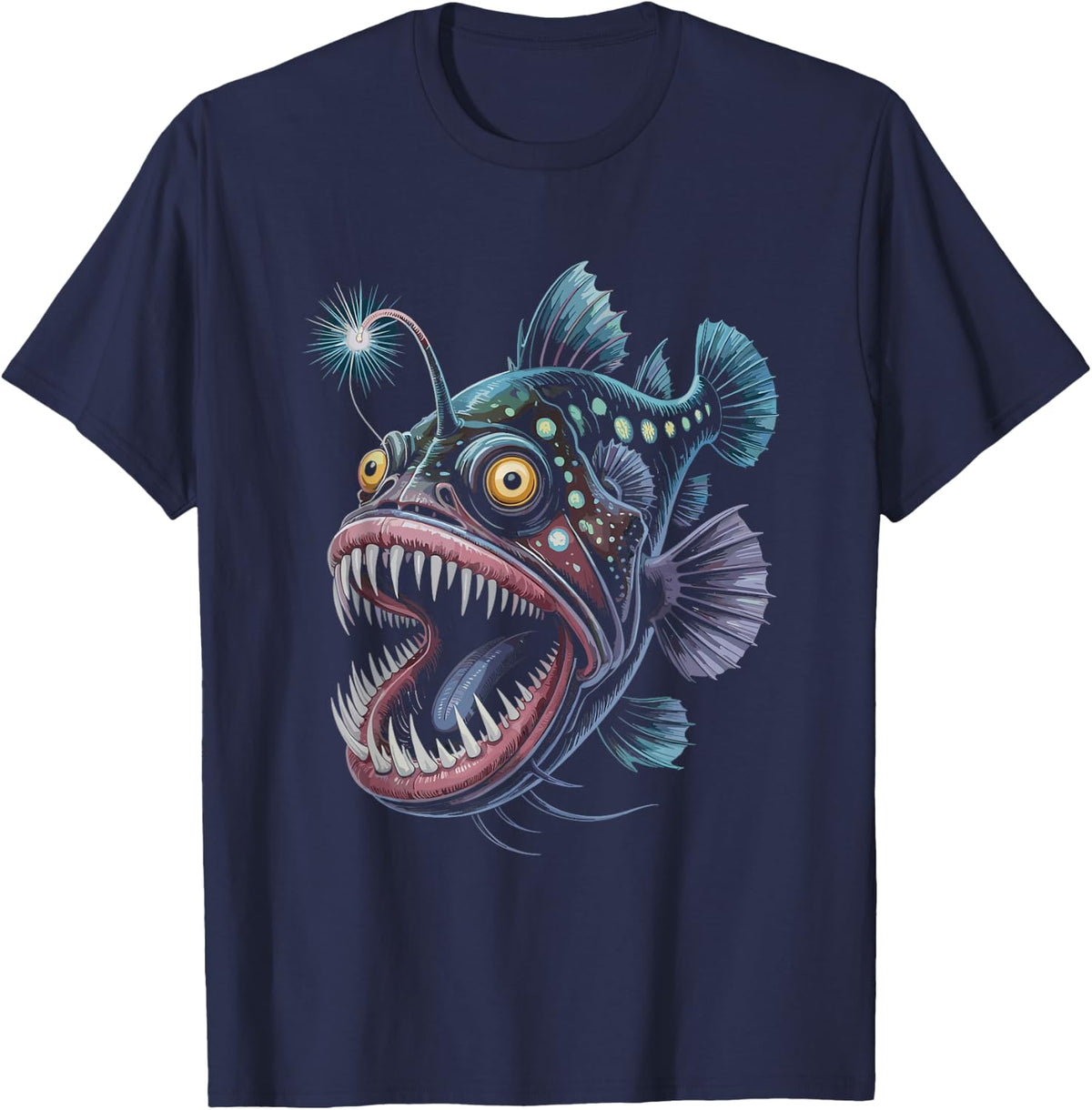Funny Anglerfish with Lure Light Ocean Creature T-Shirt - Navy Blue