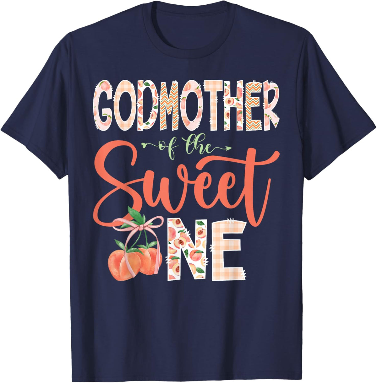 Godmother of The Sweet One Peach 1st Birthday Girl T-Shirt - Navy Blue