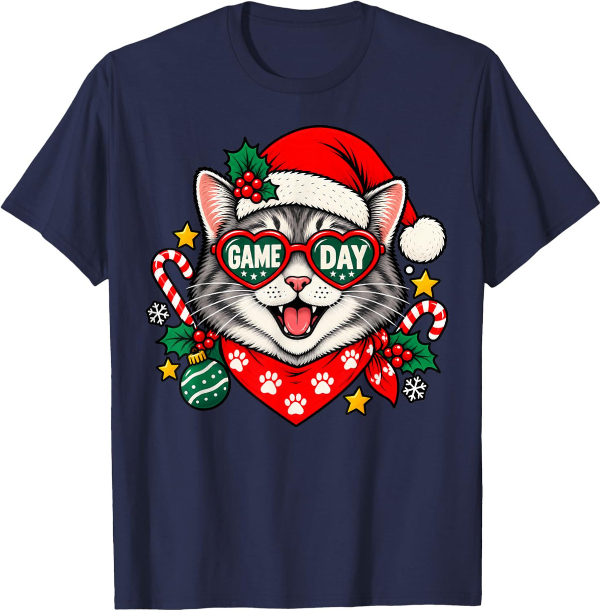 Funny Christmas Cat Game Day Santa Hat Sports Fan T-Shirt - Navy Blue
