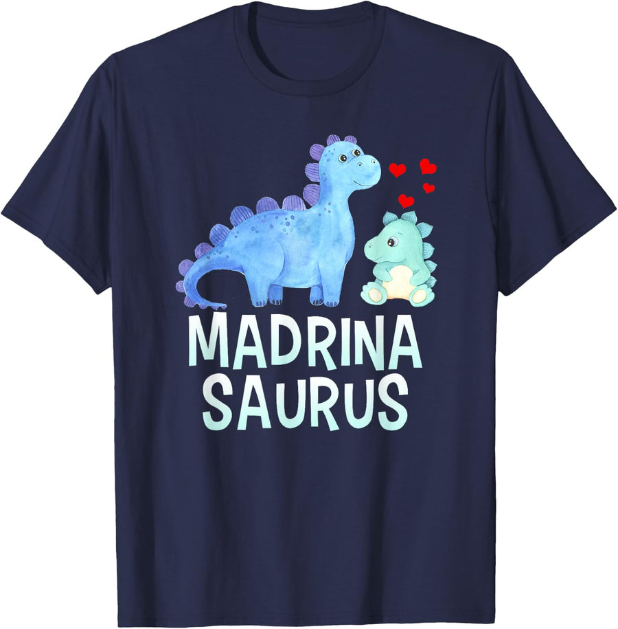Madrinasaurus Funny Dinosaur Spanish Baby Shower Godmother T-Shirt - Navy Blue